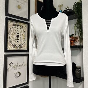 White Ribbed Eye Candy Long Sleeve Rhinestone V-Neck size L